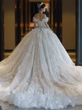 Luxury Ball Gown Off The Shoulder Short Sleeves White Lace Wedding Dress HZ1024