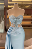 Sexy Mermaid Light Sky Blue Slit Sweetheart Long Prom Dresses HZ1024
