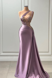 Gorgeous Light Purple One-Shoulder Mermaid Prom Dress with Beads and Split HZ1024