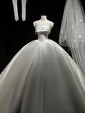 Simple Ball Gown Strapless Satin Long White Wedding Dresses With Lace HZ1024