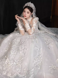 Luxury Ball Gown High Neckline Long Sleeves Lace White Wedding Dress HZ1024