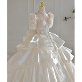 Dreamy Ball Gown High Neckline Short Sleeves White Lace Wedding Dresses With Beads HZ1024