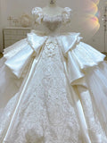 Dreamy Ball Gown Sweetheart Short Puffy Sleeves White Lace Wedding Dresses With Beads HZ1024