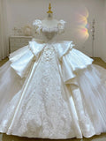 Dreamy Ball Gown Sweetheart Short Puffy Sleeves White Lace Wedding Dresses With Beads HZ1024
