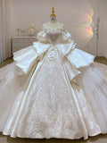 Dreamy Ball Gown Sweetheart Short Puffy Sleeves White Lace Wedding Dresses With Beads HZ1024