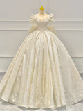 Timeless Ball Gown Sweetheart Long Puffy Sleeves Sequin Wedding Dresses With Bowknot HZ1024