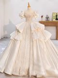 Dreamy Ball Gown Sweetheart Short Sleeves White Lace Wedding Dresses With Beads HZ1024