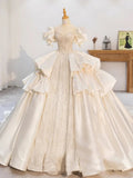 Dreamy Ball Gown Sweetheart Short Sleeves White Lace Wedding Dresses With Beads HZ1024