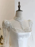 Simple Ball Gown Sweetheart White Long Sleeves Satin Wedding Dresses With Beads HZ1024
