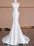 Timeless Mermaid Strapless Satin Long White Wedding Dresses With Buttons HZ1024