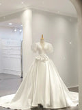 Simple Ball Gown V Neckline Short Sleeves White Satin Wedding Dresses With Bow HZ1024