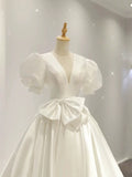 Simple Ball Gown V Neckline Short Sleeves White Satin Wedding Dresses With Bow HZ1024