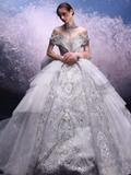 Luxury Ball Gown Off The Shoulder Neckline Short Sleeves Sequin Wedding Dress HZ1024