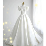 Simple Ball Gown V Neckline Short Sleeves White Satin Wedding Dresses HZ1024