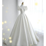 Simple Ball Gown V Neckline Short Sleeves White Satin Wedding Dresses HZ1024
