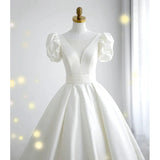 Simple Ball Gown V Neckline Short Sleeves White Satin Wedding Dresses HZ1024