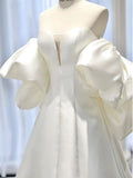 Simple Ball Gown Sweetheart Short Sleeves White Satin Wedding Dresses HZ1024