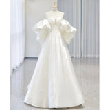 Simple Ball Gown Sweetheart Short Sleeves White Satin Wedding Dresses HZ1024
