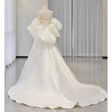Simple Ball Gown Sweetheart Short Sleeves White Satin Wedding Dresses HZ1024