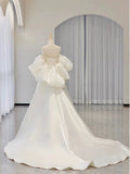 Simple Ball Gown Sweetheart Short Sleeves White Satin Wedding Dresses HZ1024
