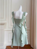 Cute A line Spaghetti Straps Sage Green Short Homecoming Dresses Party Cocktail Dress With Ruffles HZ1024