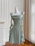Cute A line Spaghetti Straps Sage Green Short Homecoming Dresses Party Cocktail Dress With Ruffles HZ1024