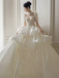 Luxury Ball Gown Short Sleeves Sequin Wedding Dress HZ1024