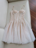 Cute A line Spaghetti Straps Champagne Short Sequin Homecoming Dresses Cocktail Dress HZ1024