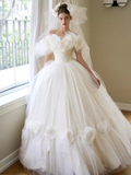 Luxury Ball Gown Short Sleeves Tulle White Wedding Dress HZ1024