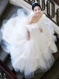 Luxury Ball Gown Short Sleeves Tulle White Wedding Dress HZ1024