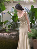 Simple Sheath Straps Sleeveless Silk Satin Sage Green Prom Dress Evening Dresses HZ1024