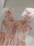 Elegant A Line Straps Sleeveless Blush Pink Lace Prom Dress Evening Dresses HZ1024