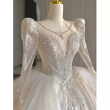 Luxury Ball Gown Scoop Neckline Long Sleeves Lace White Wedding Dress HZ1024
