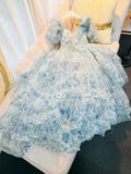 Elegant Princess Sweetheart Short Sleeves Blue Flora Prom Dress Evening Dresses HZ1024