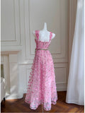 Modest A line Straps Sleeveless Pink Tulle Flowers Prom Dress Evening Dresses HZ1024