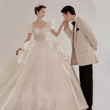 Luxury Ball Gown Square Neckline Short Sleeves Lace White Wedding Dress HZ1024