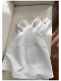 Cute A line Spagetti Straps White Short Pearls Homecoming Dress Birthday Dresses HZ1024