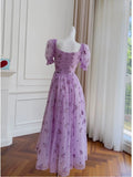 Vintage A line V Neckline Short Sleeves Lilac Tulle Flowers Prom Dress Evening Dresses HZ1024