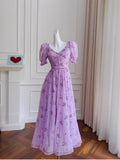 Vintage A line V Neckline Short Sleeves Lilac Tulle Flowers Prom Dress Evening Dresses HZ1024