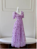 Vintage A line V Neckline Short Sleeves Lilac Tulle Flowers Prom Dress Evening Dresses HZ1024