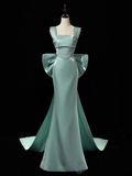 Simple Satin Green Long Prom Dress Green Formal Dress with Bow Tie HZ1024
