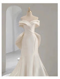 Sexy Mermaid Off The Shoulder Short Sleeves Long White Wedding Dresses With Bow HZ1024