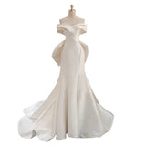 Sexy Mermaid Off The Shoulder Short Sleeves Long White Wedding Dresses With Bow HZ1024