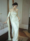 Elegant Ivory Satin Long Simple Evening Dress Prom Dresses HZ1024