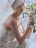 Unique A line Strapless Satin Long Wedding Dress With Bowknot HZ1024