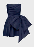Cute Sheath Strapless Navy Blue Short Satin Homecoming Dresses Cocktail Dress With Bowknot HZ1024