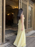 Elegant Mermaid Spaghetti Straps Yellow Chiffon Long Prom Dresses Evening Dress With Beads HZ1024