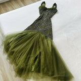 Elegant Mermaid Straps Green Beadings Long Prom Dresses Evening Dress HZ1024