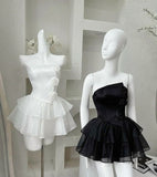 Simple Sleeveless Tulle A-Line Strapless Mini Short Black Homecoming Dress HZ1024