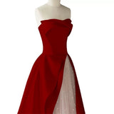 Modest A line Strapless Long Red Satin Prom Dresses Evening Party Dress HZ1024